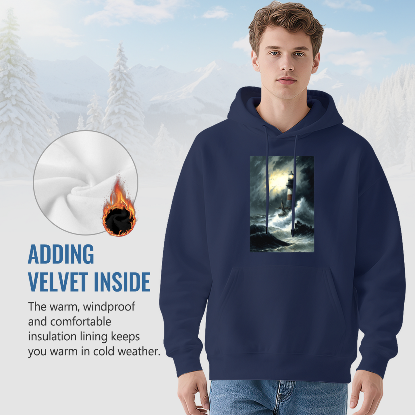 Storm Lighthouse Oil Painting Graphic Hoodie, Relaxed Cozy Navy Pullover Hoodie