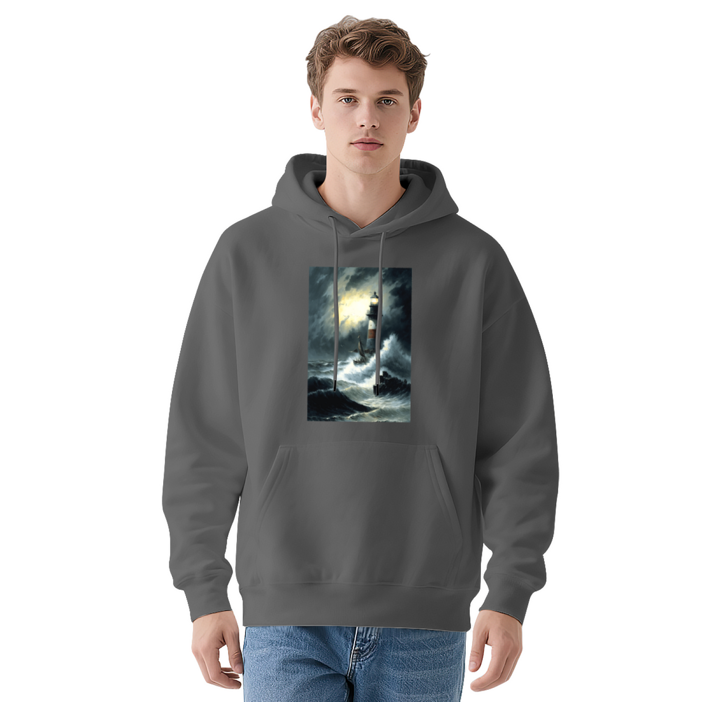 Storm Lighthouse Oil Painting Graphic Hoodie, Relaxed Cozy Navy Pullover Hoodie