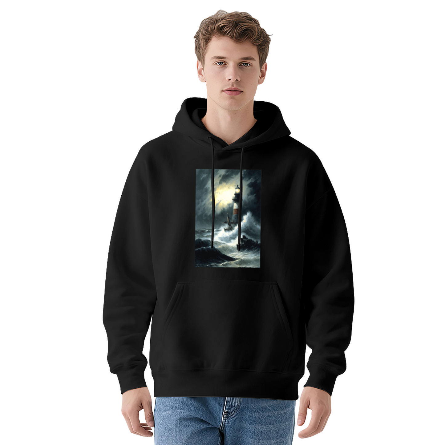 Storm Lighthouse Oil Painting Graphic Hoodie, Relaxed Cozy Navy Pullover Hoodie