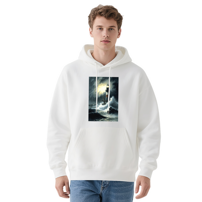 Storm Lighthouse Oil Painting Graphic Hoodie, Relaxed Cozy Navy Pullover Hoodie