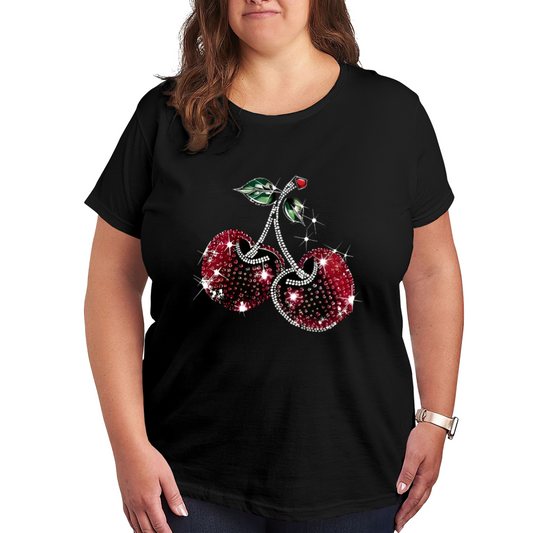 Luxury Rhinestone Sparkle Red Cherry Bling Print Plus Size Ladies Black Tee