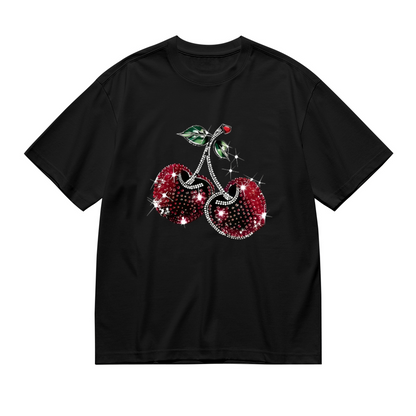 Luxury Rhinestone Sparkle Red Cherry Bling Print Plus Size Ladies Black Tee
