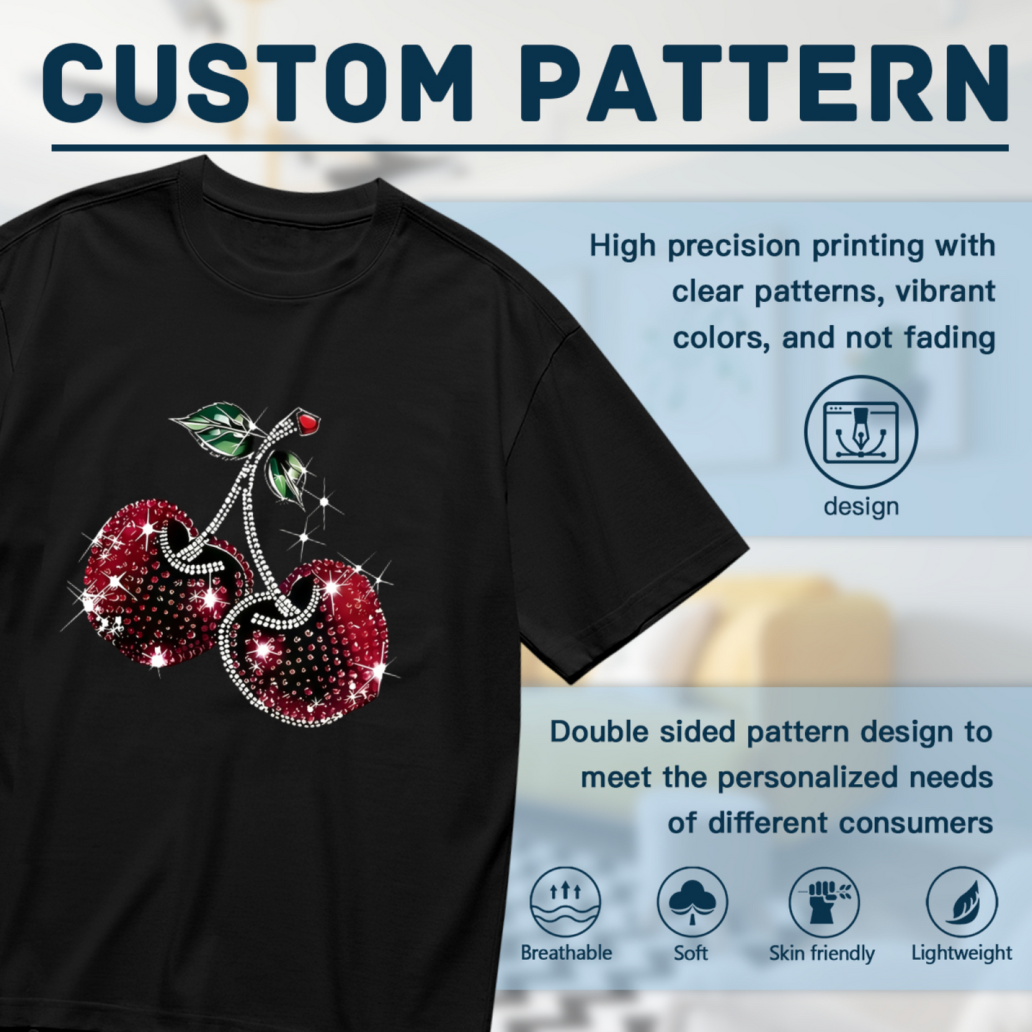 Luxury Rhinestone Sparkle Red Cherry Bling Print Plus Size Ladies Black Tee