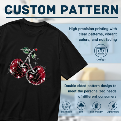 Luxury Rhinestone Sparkle Red Cherry Bling Print Plus Size Ladies Black Tee