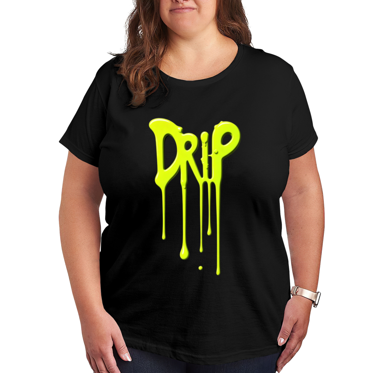 Neon Green Drip Graffiti DRIP Letter Plus Size Women Printed T-Shirt
