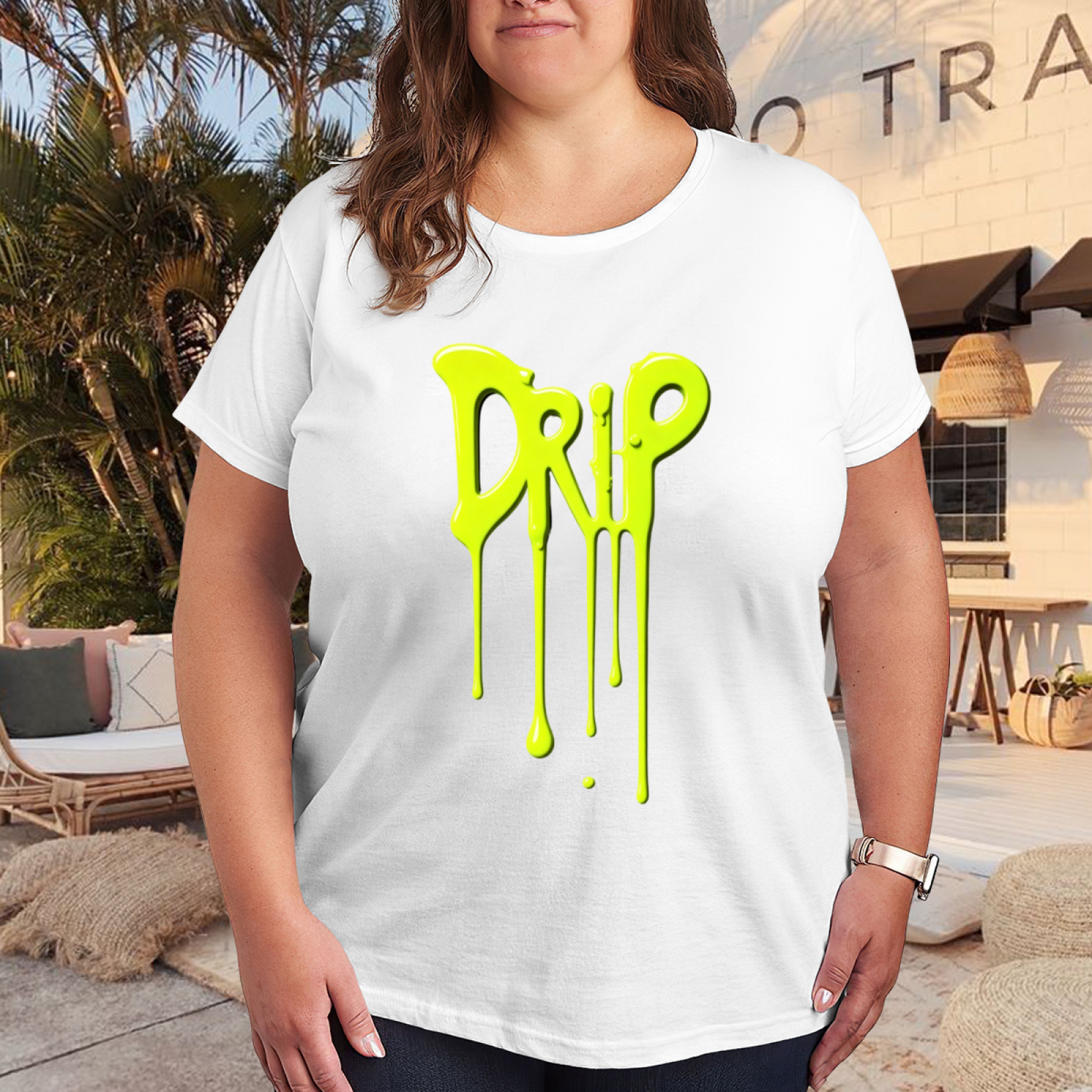 Neon Green Drip Graffiti DRIP Letter Plus Size Women Printed T-Shirt