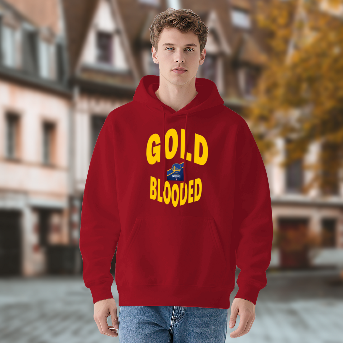 Gold Blooded Warriors Basketball Fan Hoodie, Vibrant Cozy Red Pullover