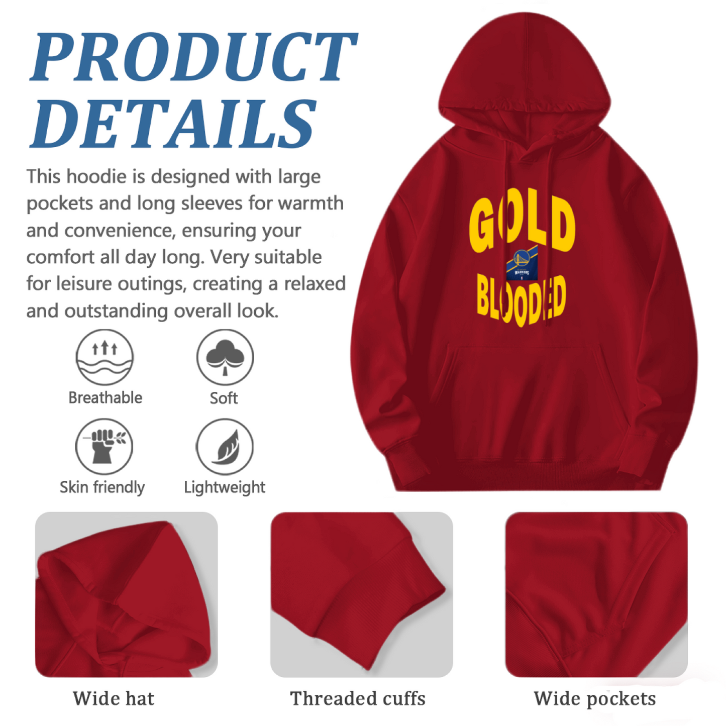 Gold Blooded Warriors Basketball Fan Hoodie, Vibrant Cozy Red Pullover