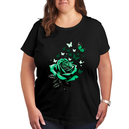 Dark Green Rose & Multi-Tone Green Butterflies Gothic Print Plus Size Women Printed T-Shirt