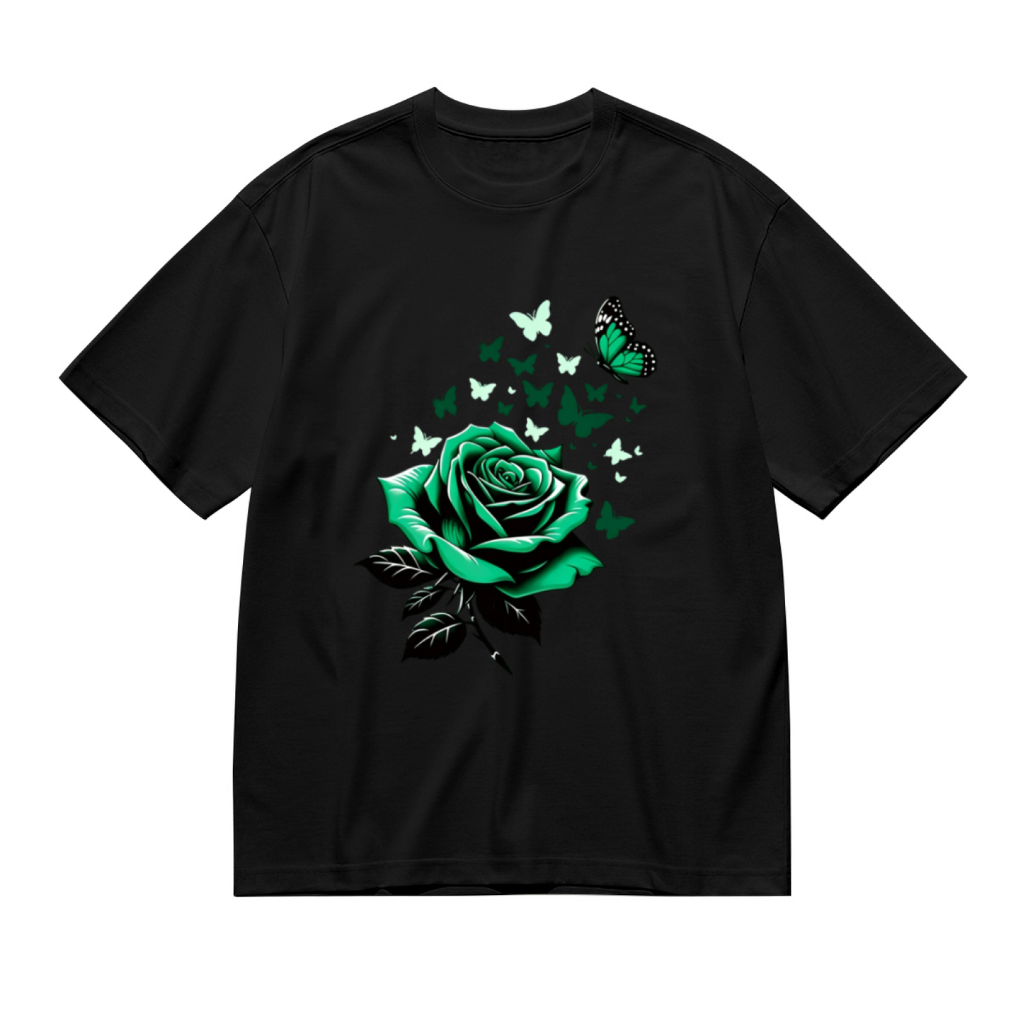 Dark Green Rose & Multi-Tone Green Butterflies Gothic Print Plus Size Women Printed T-Shirt