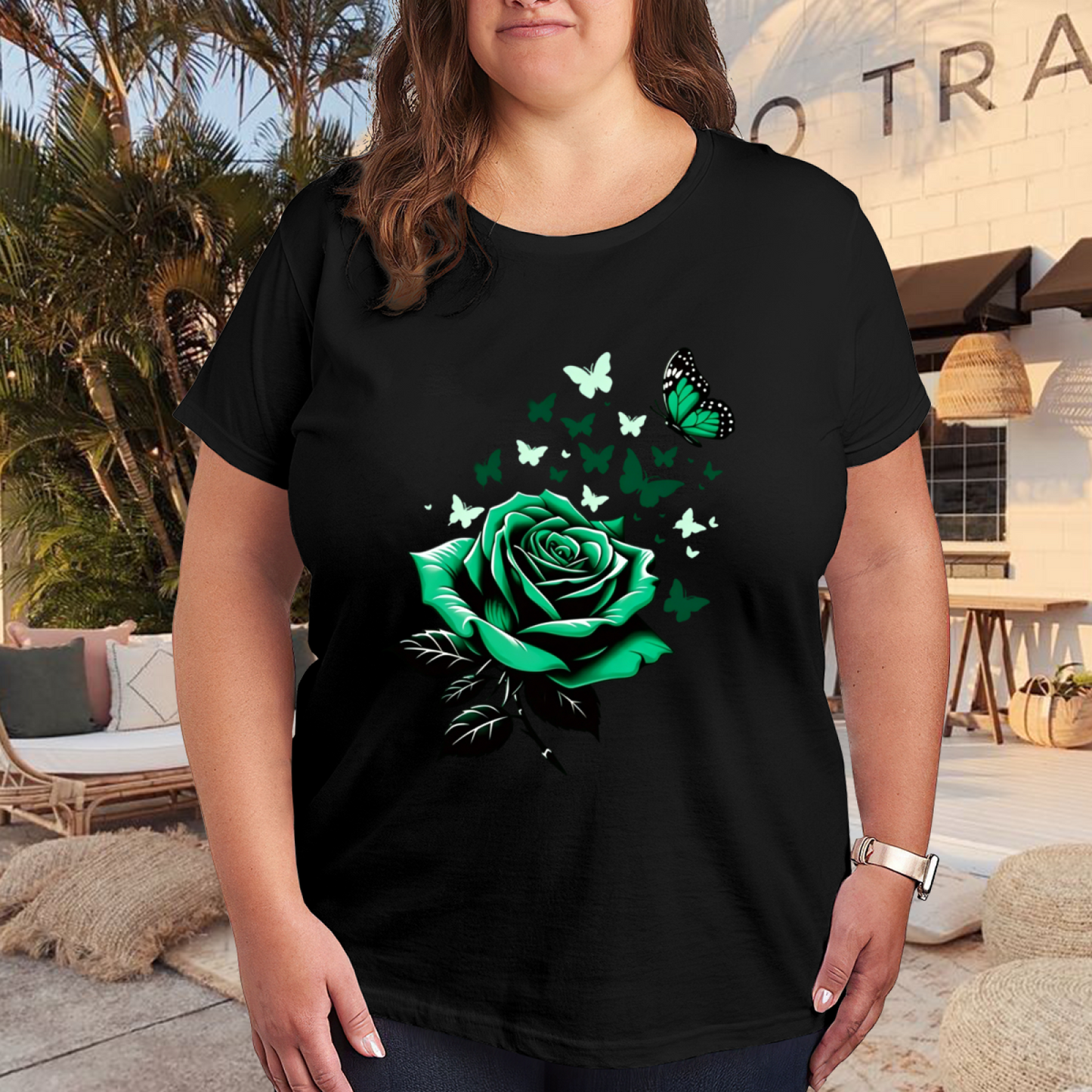 Dark Green Rose & Multi-Tone Green Butterflies Gothic Print Plus Size Women Printed T-Shirt