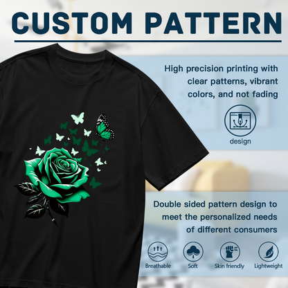 Dark Green Rose & Multi-Tone Green Butterflies Gothic Print Plus Size Women Printed T-Shirt