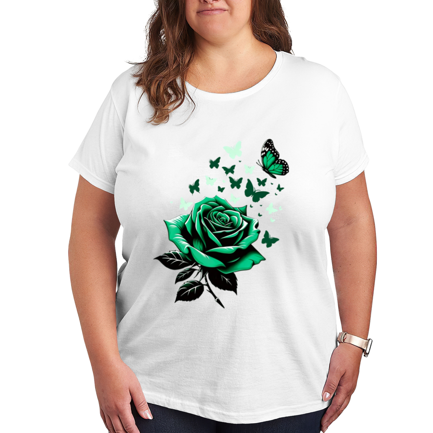 Dark Green Rose & Multi-Tone Green Butterflies Gothic Print Plus Size Women Printed T-Shirt