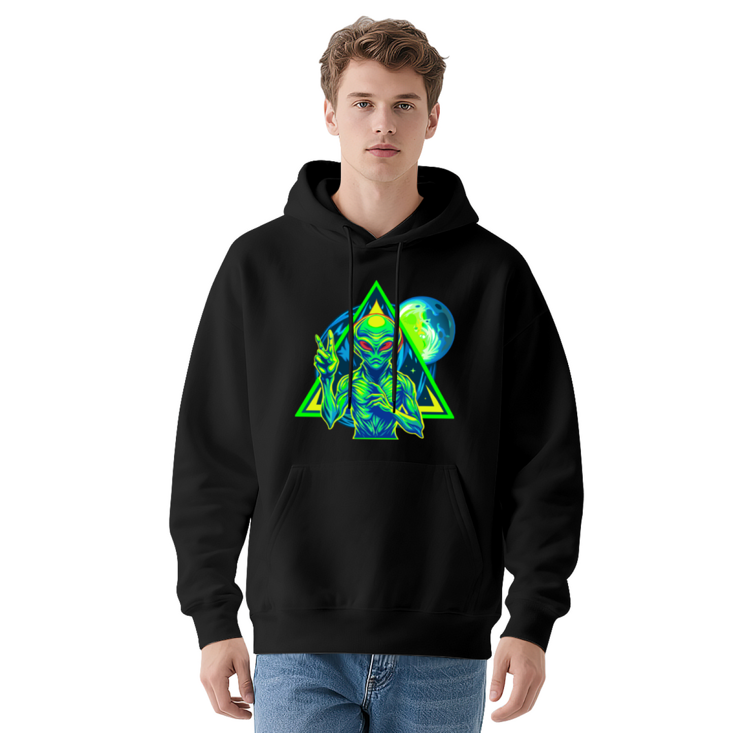 Neon Retro Alien Triangle Space UFO Hoodie, Mens Soft Sci-Fi Street Pullover