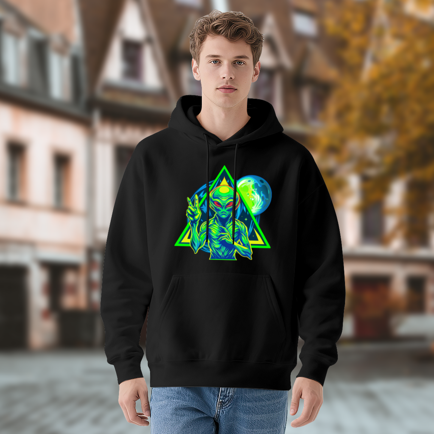 Neon Retro Alien Triangle Space UFO Hoodie, Mens Soft Sci-Fi Street Pullover