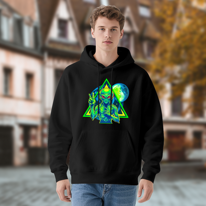 Neon Retro Alien Triangle Space UFO Hoodie, Mens Soft Sci-Fi Street Pullover