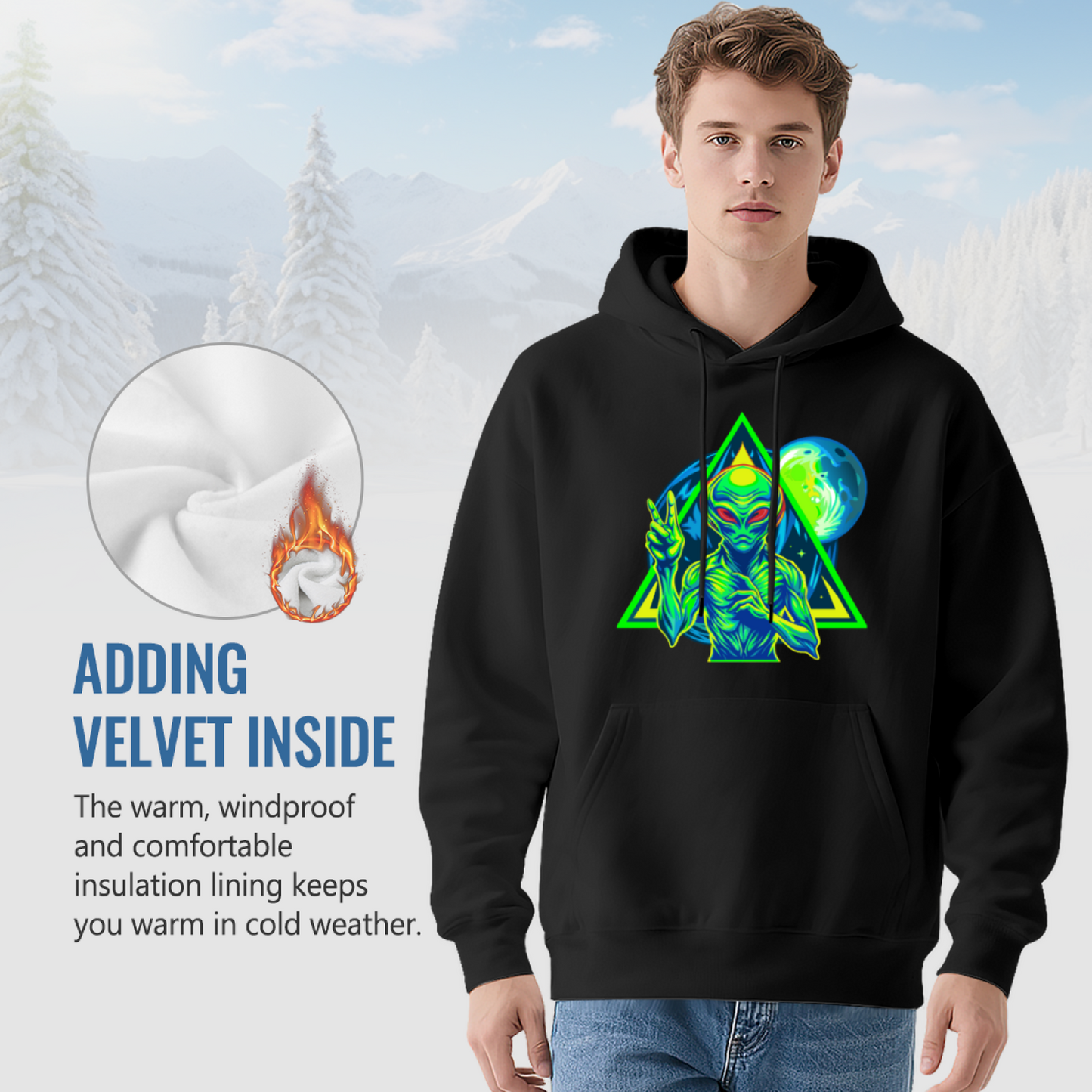 Neon Retro Alien Triangle Space UFO Hoodie, Mens Soft Sci-Fi Street Pullover