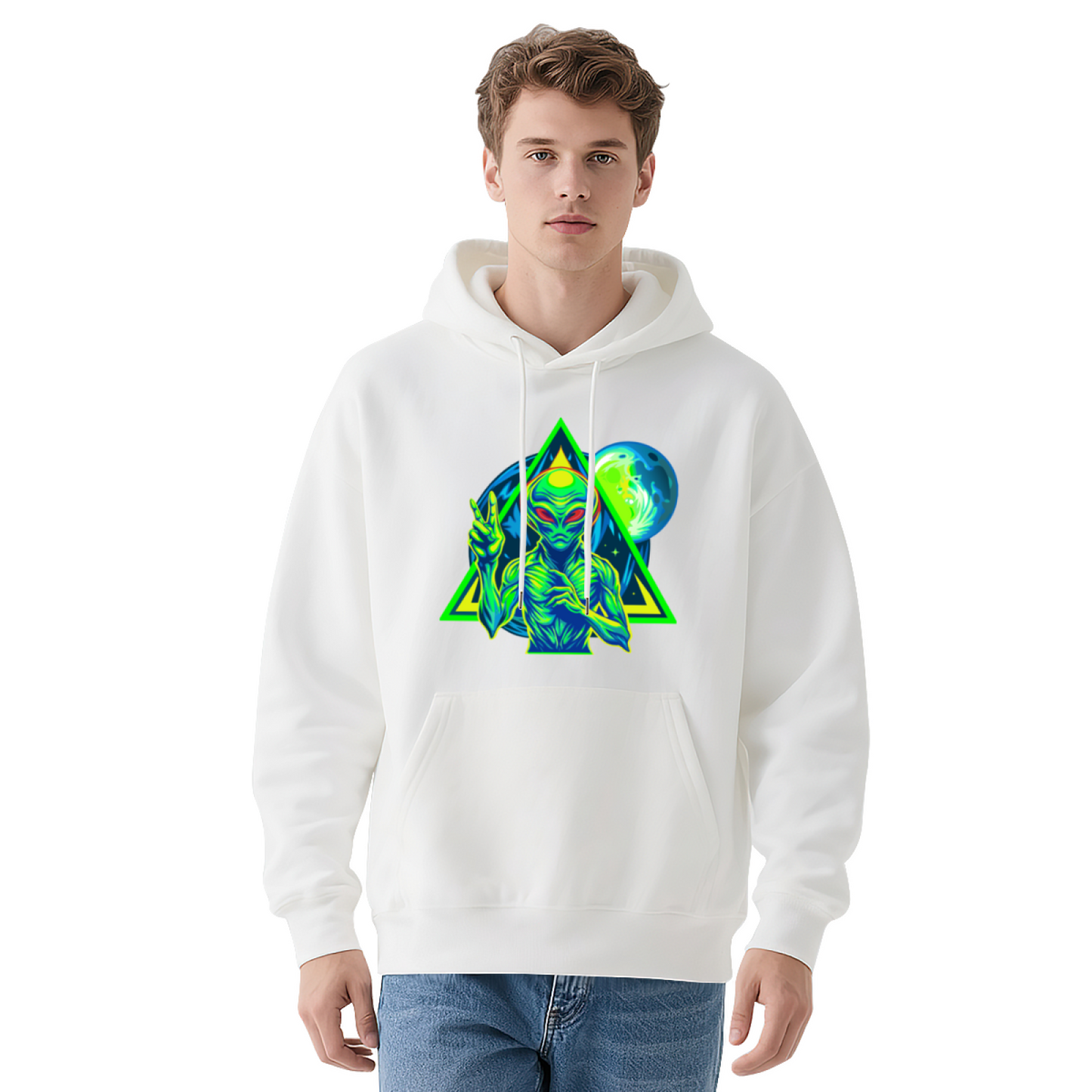 Neon Retro Alien Triangle Space UFO Hoodie, Mens Soft Sci-Fi Street Pullover