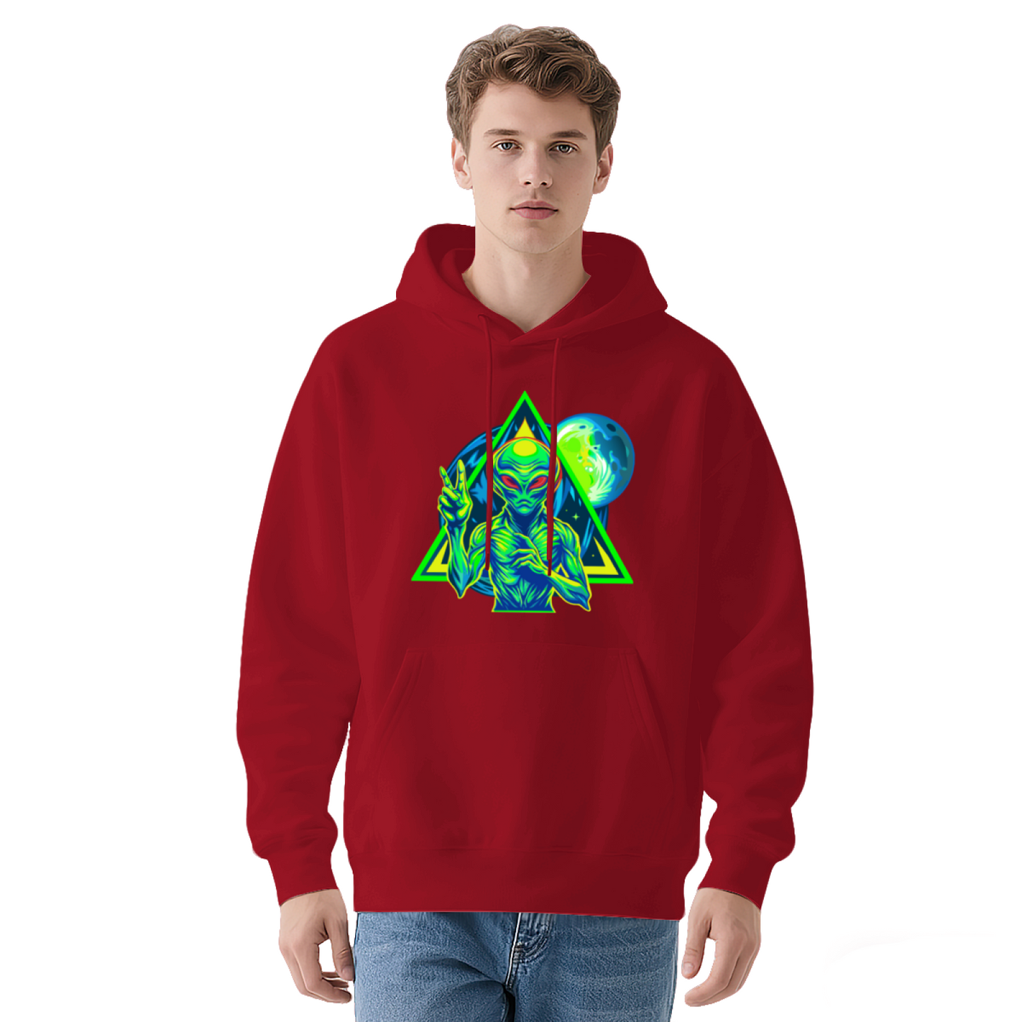 Neon Retro Alien Triangle Space UFO Hoodie, Mens Soft Sci-Fi Street Pullover