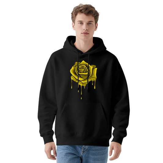 Dripping Yellow Rose Black Graphic Hoodie, Unisex Trendy Comfort Pullover