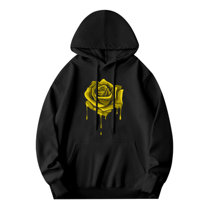 Dripping Yellow Rose Black Graphic Hoodie, Unisex Trendy Comfort Pullover