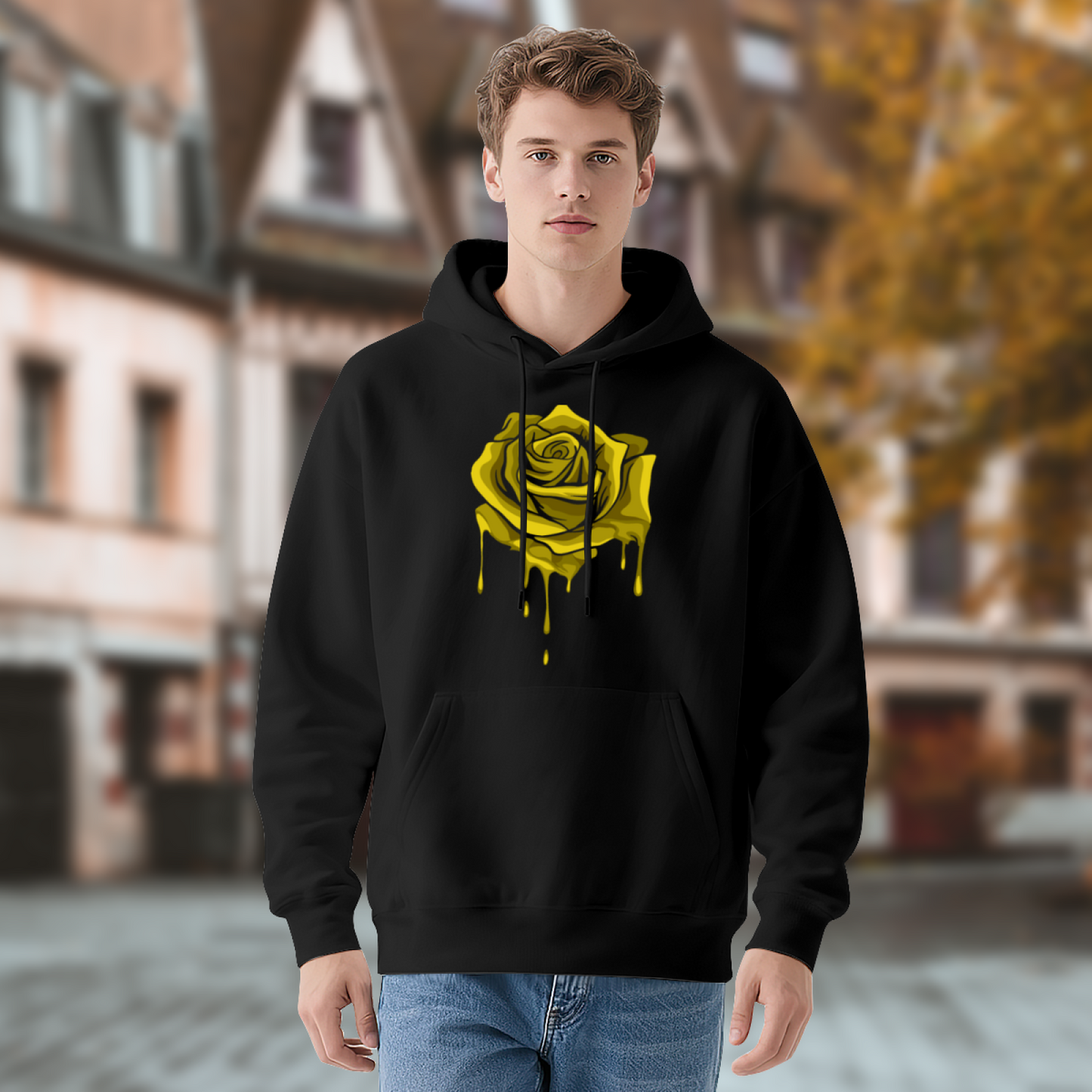 Dripping Yellow Rose Black Graphic Hoodie, Unisex Trendy Comfort Pullover
