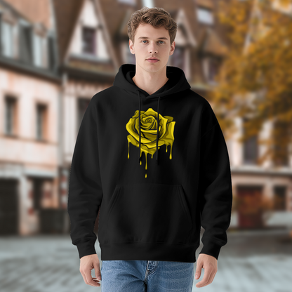 Dripping Yellow Rose Black Graphic Hoodie, Unisex Trendy Comfort Pullover