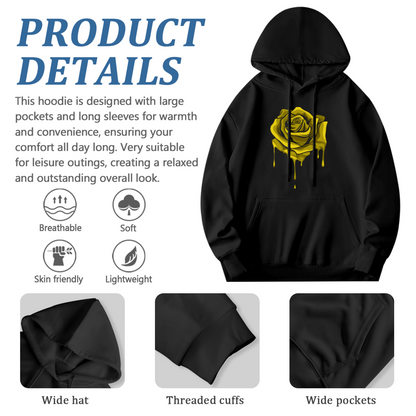 Dripping Yellow Rose Black Graphic Hoodie, Unisex Trendy Comfort Pullover