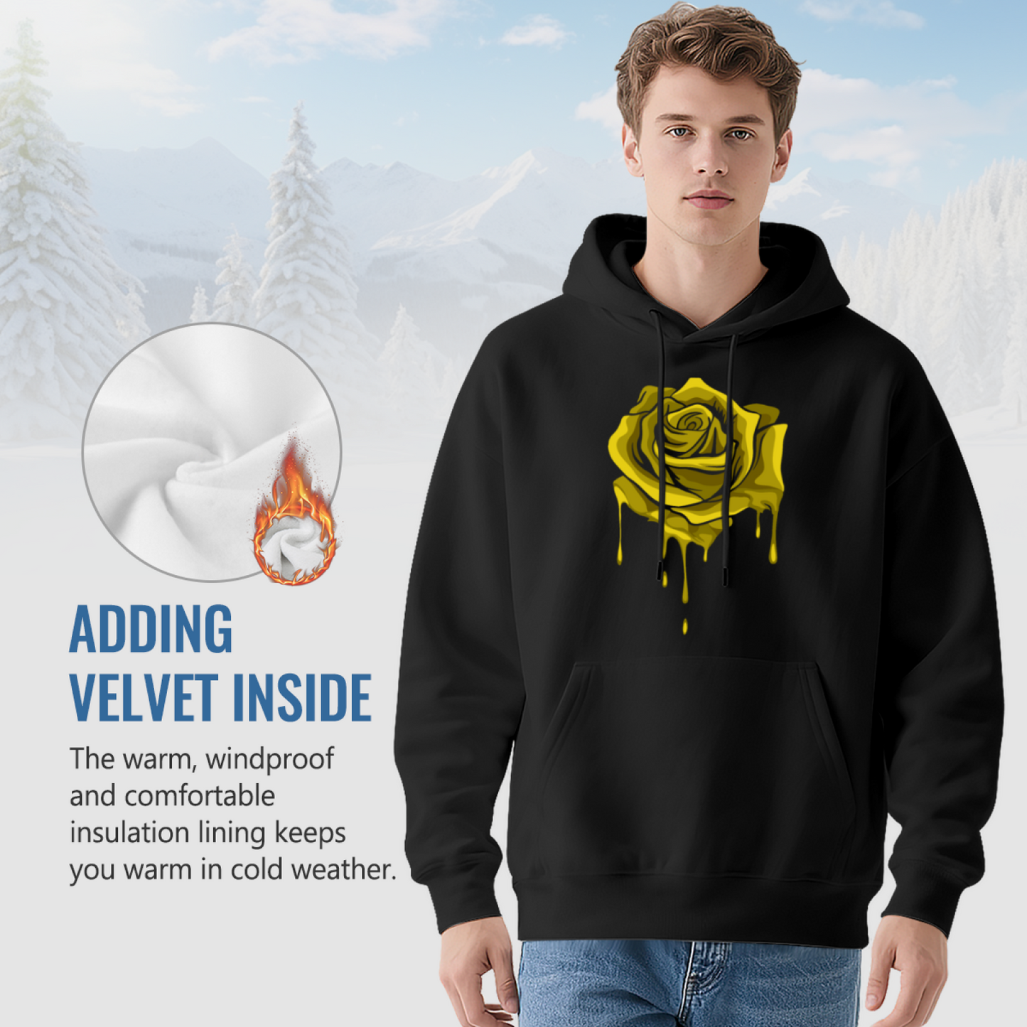 Dripping Yellow Rose Black Graphic Hoodie, Unisex Trendy Comfort Pullover