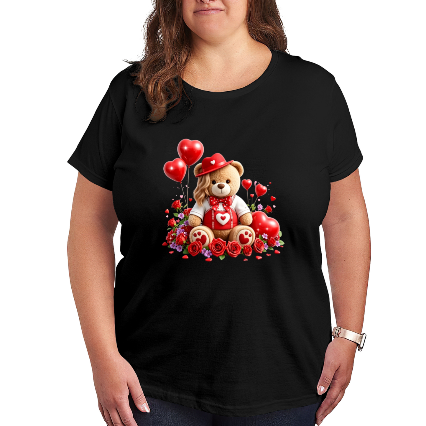 Romantic Red Rose Teddy Bear Love Heart Valentine Print Plus Size Women¡¯s T-Shirt