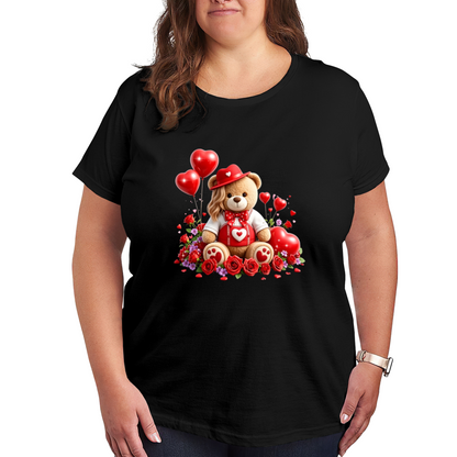 Romantic Red Rose Teddy Bear Love Heart Valentine Print Plus Size Women¡¯s T-Shirt