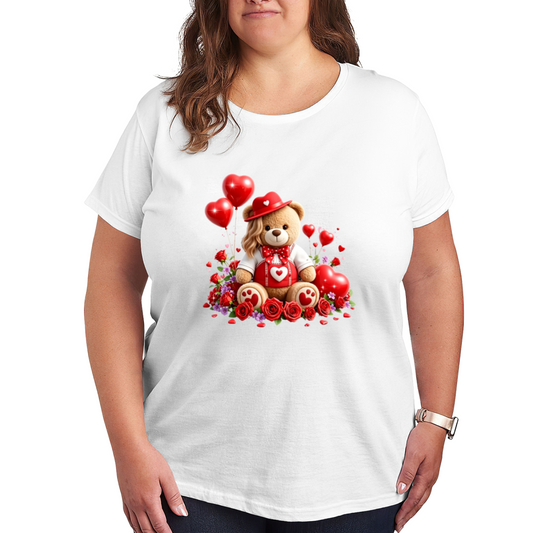 Romantic Red Rose Teddy Bear Love Heart Valentine Print Plus Size Women¡¯s T-Shirt