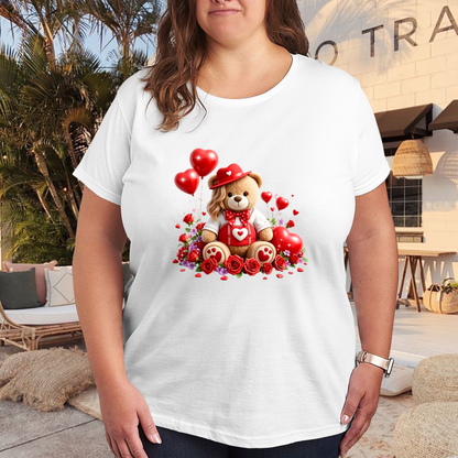 Romantic Red Rose Teddy Bear Love Heart Valentine Print Plus Size Women¡¯s T-Shirt