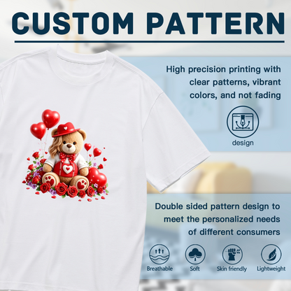 Romantic Red Rose Teddy Bear Love Heart Valentine Print Plus Size Women¡¯s T-Shirt
