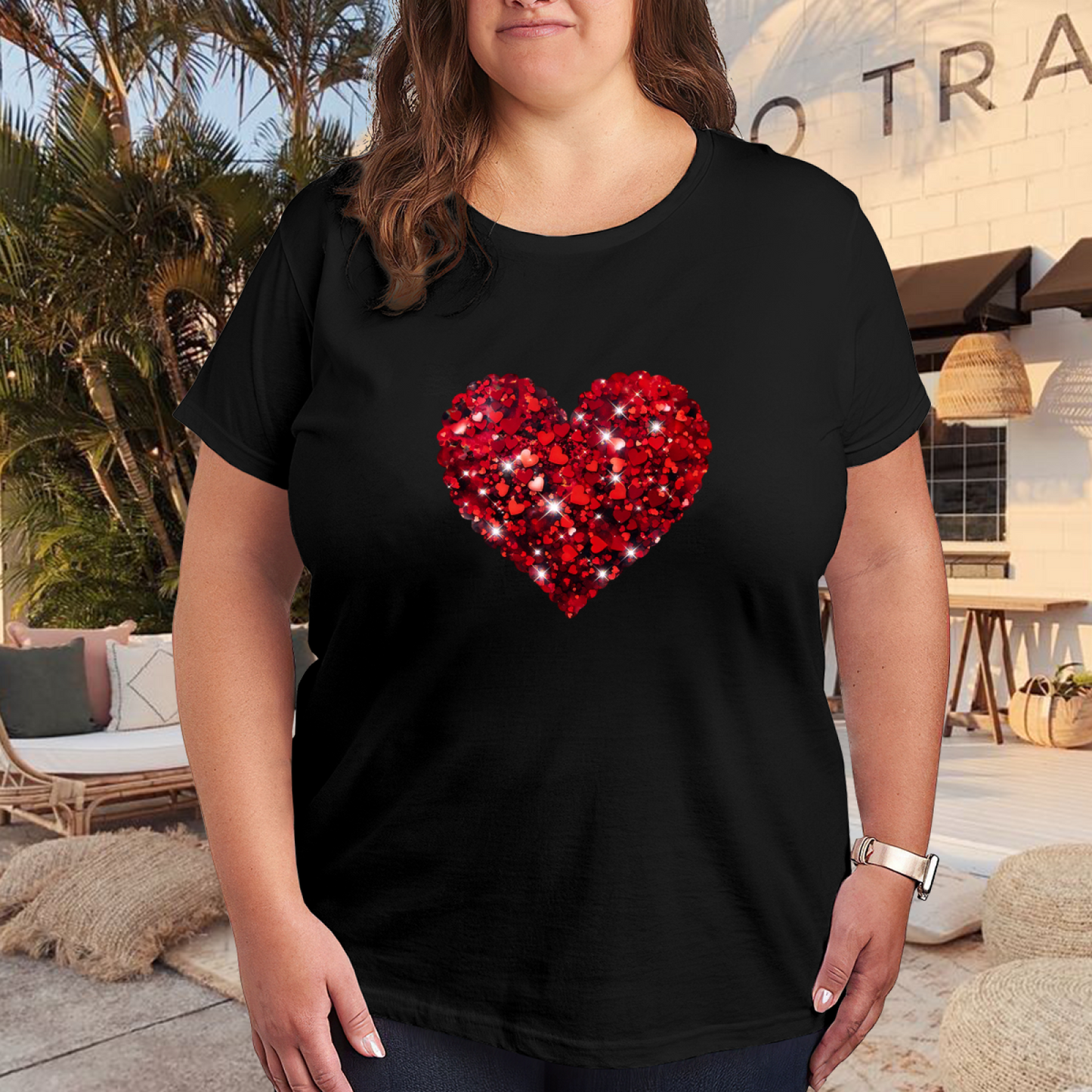 Sparkling Glitter Red Heart Bling Plus Size Women T-Shirt