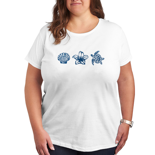 Coastal Ocean Shell Lily Turtle Blue Sketch Plus Size White Ladies T-Shirt
