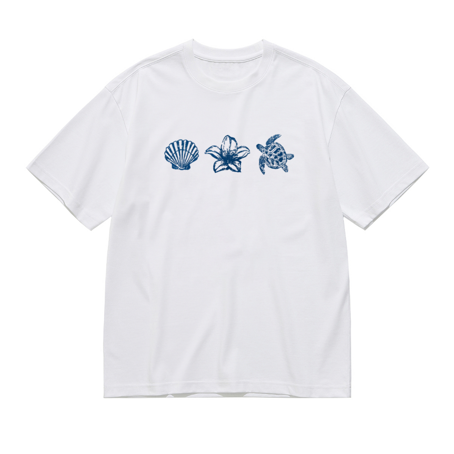 Coastal Ocean Shell Lily Turtle Blue Sketch Plus Size White Ladies T-Shirt