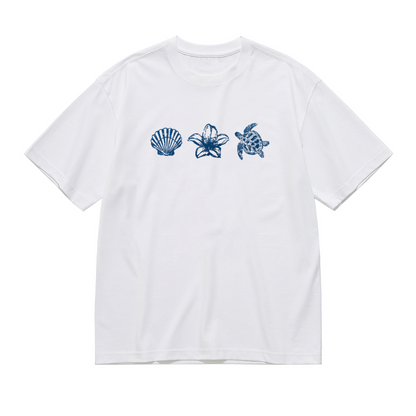 Coastal Ocean Shell Lily Turtle Blue Sketch Plus Size White Ladies T-Shirt