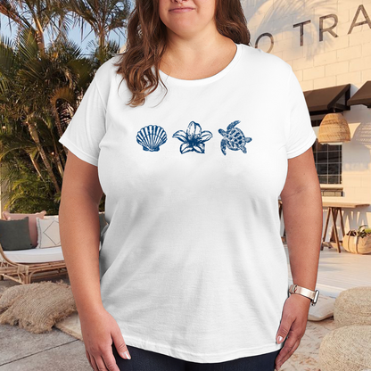 Coastal Ocean Shell Lily Turtle Blue Sketch Plus Size White Ladies T-Shirt