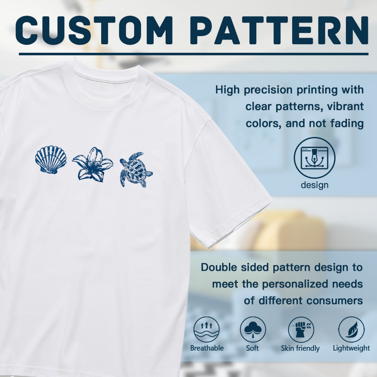 Coastal Ocean Shell Lily Turtle Blue Sketch Plus Size White Ladies T-Shirt