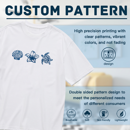 Coastal Ocean Shell Lily Turtle Blue Sketch Plus Size White Ladies T-Shirt
