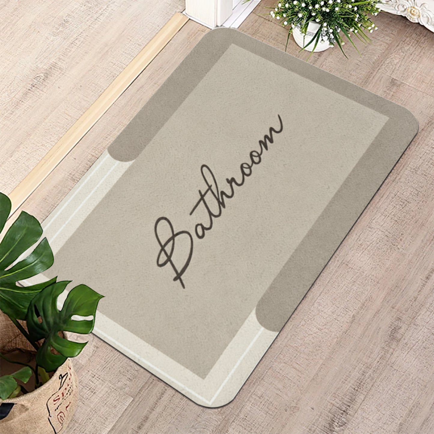 Vintage Cursive Bathroom Label Diatom Mat | Beige Neutral Silicone Quick Dry Bath Rug