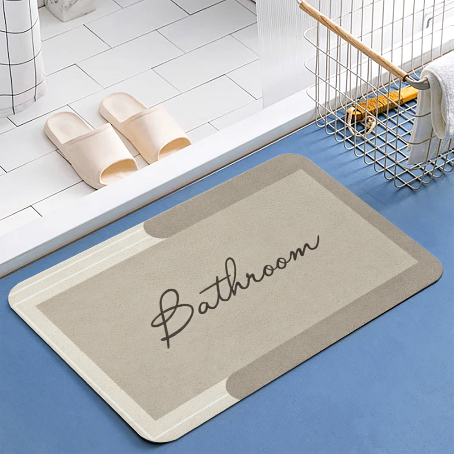 Vintage Cursive Bathroom Label Diatom Mat | Beige Neutral Silicone Quick Dry Bath Rug
