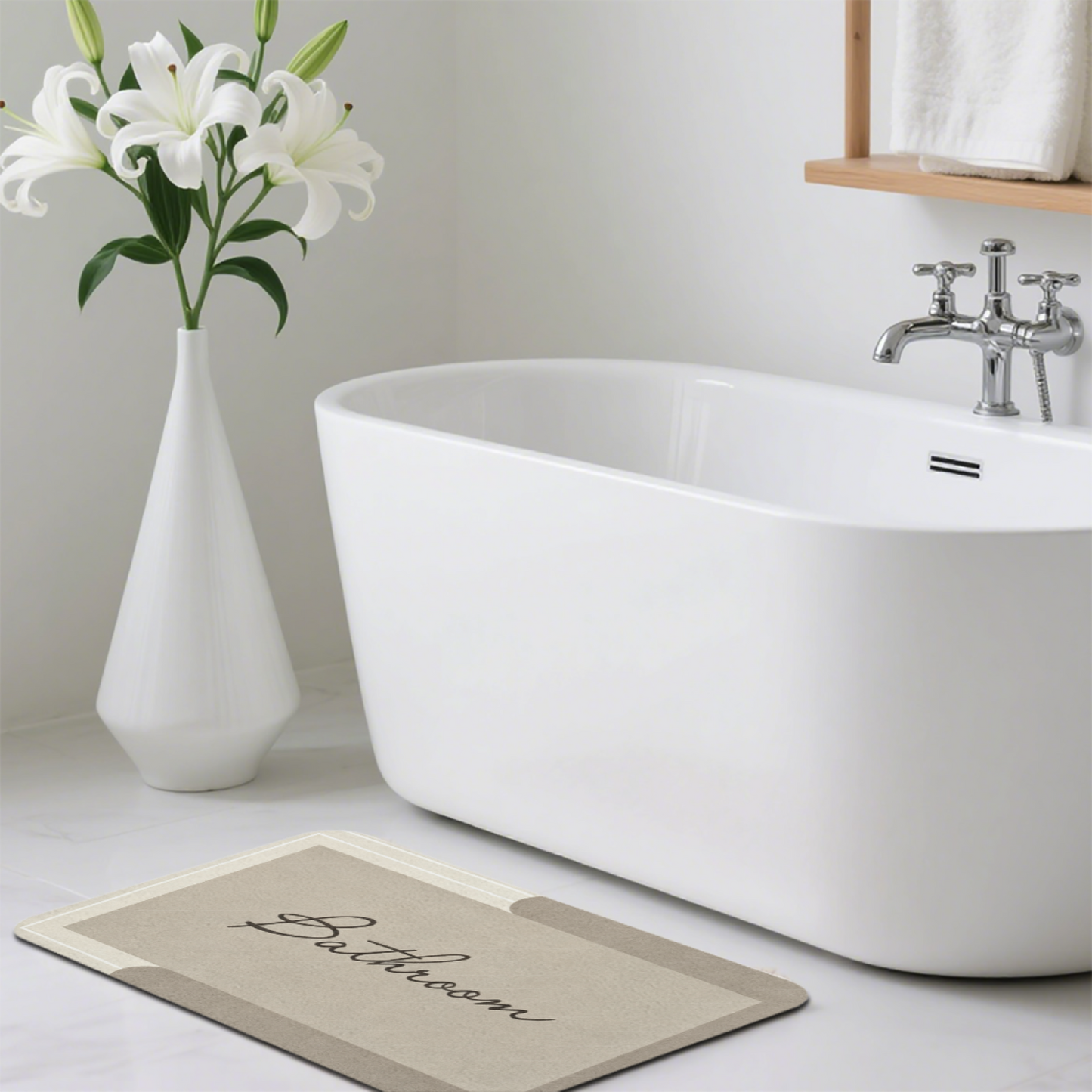 Vintage Cursive Bathroom Label Diatom Mat | Beige Neutral Silicone Quick Dry Bath Rug