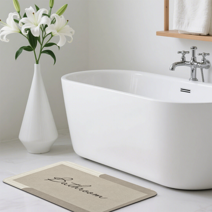 Vintage Cursive Bathroom Label Diatom Mat | Beige Neutral Silicone Quick Dry Bath Rug