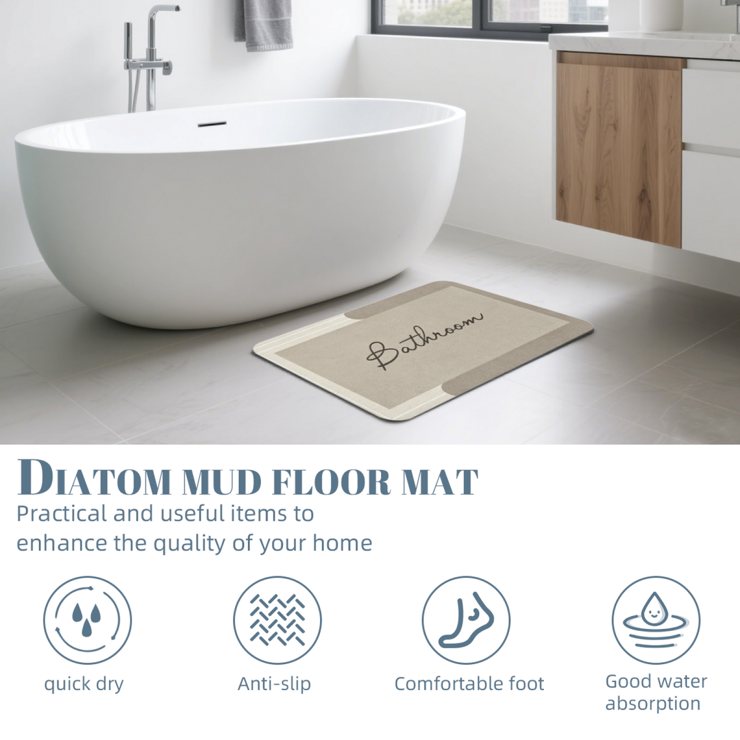 Vintage Cursive Bathroom Label Diatom Mat | Beige Neutral Silicone Quick Dry Bath Rug