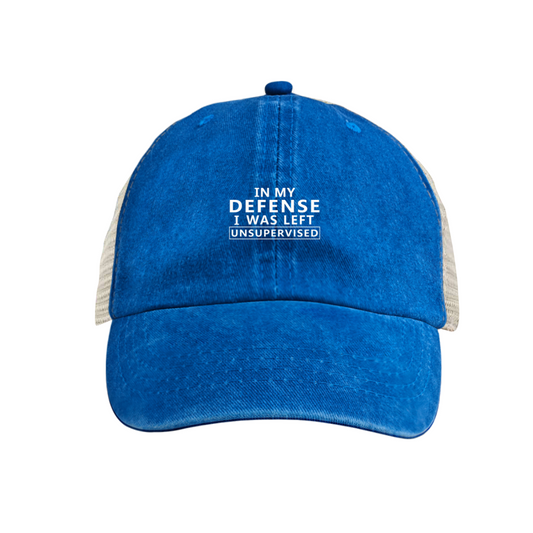 In My Defense I Was Left Unsupervised Funny Royal Blue Washed Mesh Hat