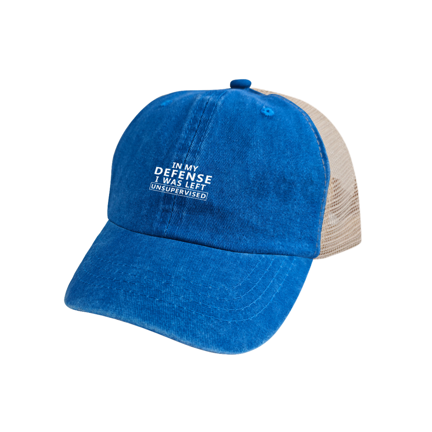 In My Defense I Was Left Unsupervised Funny Royal Blue Washed Mesh Hat