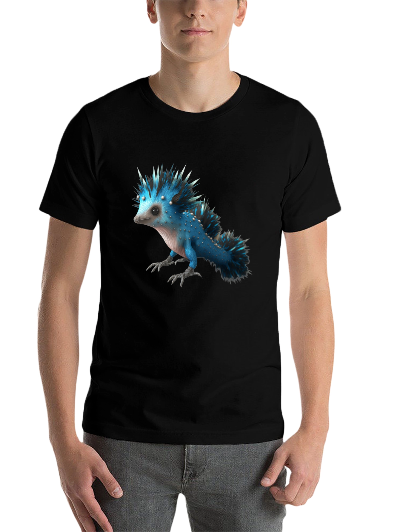 Mens Black T-Shirt with Blue Creature Graphic