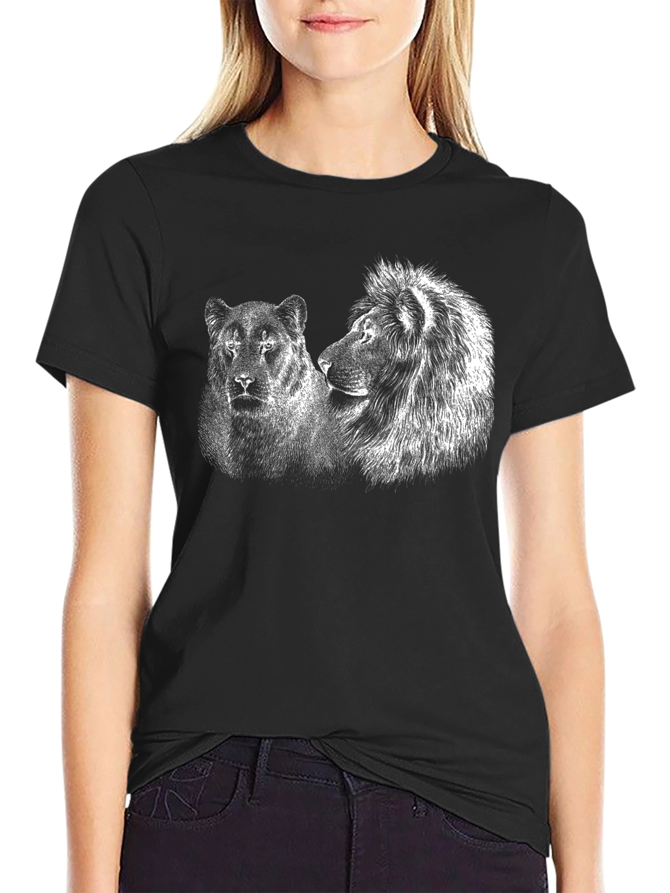 Lion and Lioness Graphic Tee - Black Cotton T-Shirt
